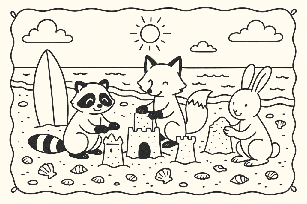Desenho de verão com coelho, raposa e guaxinim na praia com prancha de surf, estilo Bobbie Goods