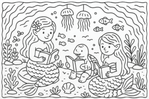 Sereias lendo livros com tartaruga em caverna submarina
