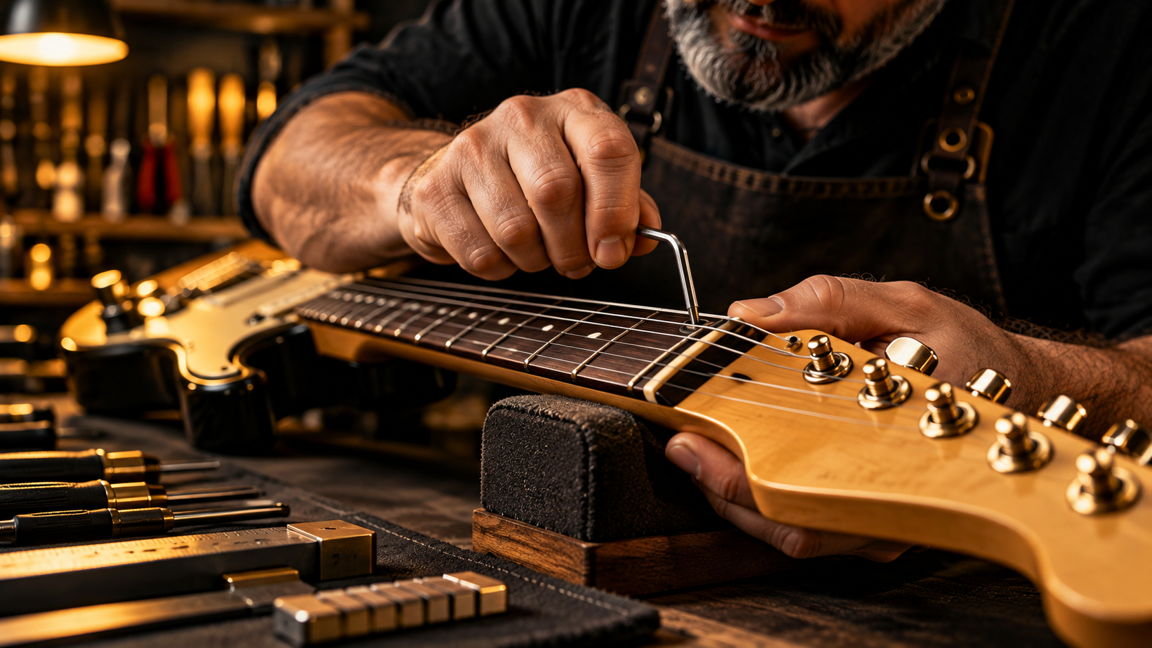 Luthier ajustando o braço e a tocabilidade de uma guitarra