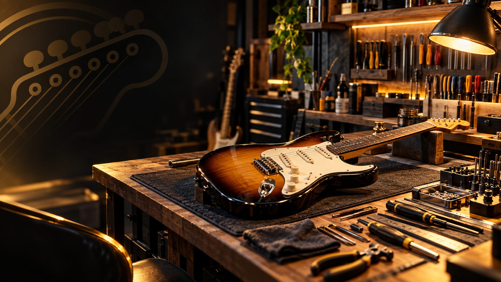 Oficina de luthieria com guitarra em manutenção